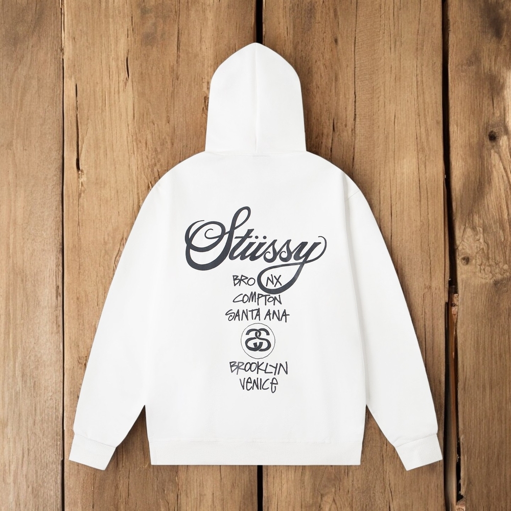 Stussy White Hoodie with Black Graphics
